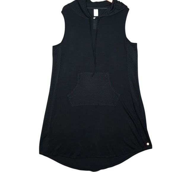 NWT LIVI black lightweight hooded dress with mesh accents 26in pit to pit. - Picture 2 of 11